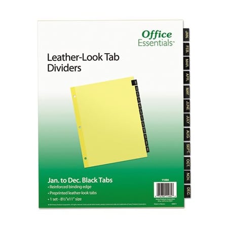 Avery Dennison Office Ess, Preprinted Black Leather Tab Dividers, 12-Tab, Letter 11484